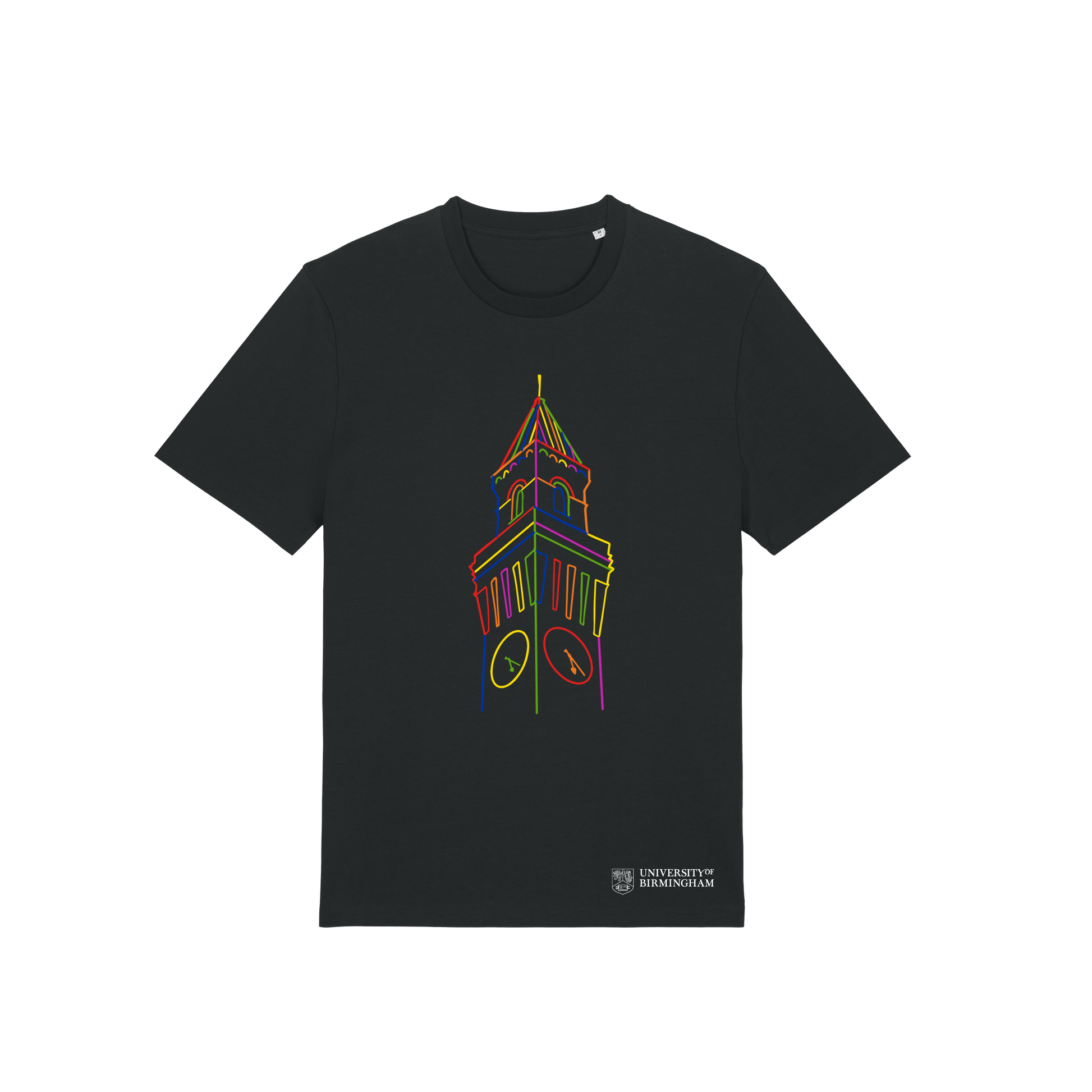 Black T-shirt with colourful illustration of the University of Birmingham Old Joe clock tower and university logo
