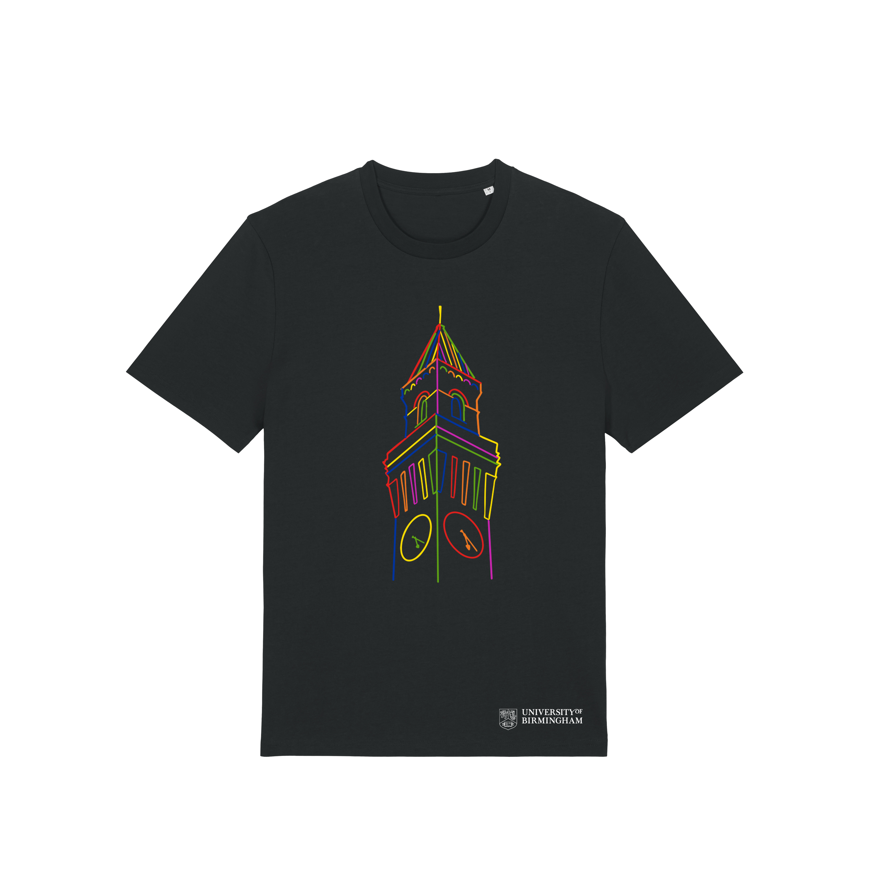 Black T-shirt with colourful illustration of the University of Birmingham Old Joe clock tower and university logo