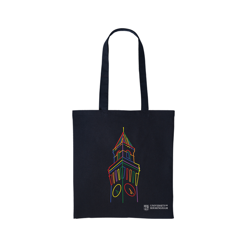 Black tote bag with colourful illustration of the University of Birmingham Old Joe clock tower and university logo