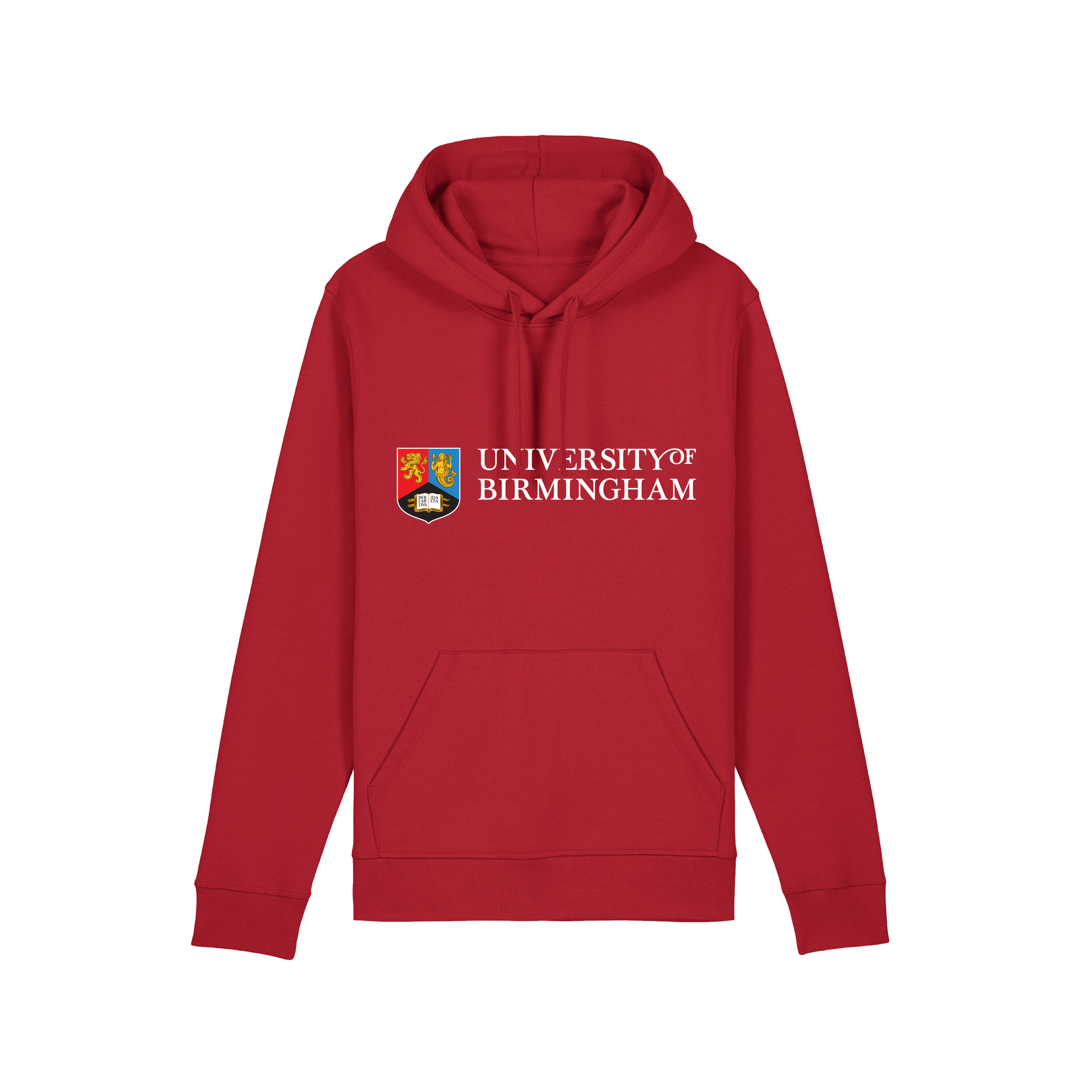 Red hoodie with 'University of Birmingham' logo on a transparent background