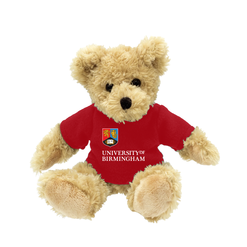 Plush teddy bear wearing a red shirt with 'University of Birmingham' text on a white background