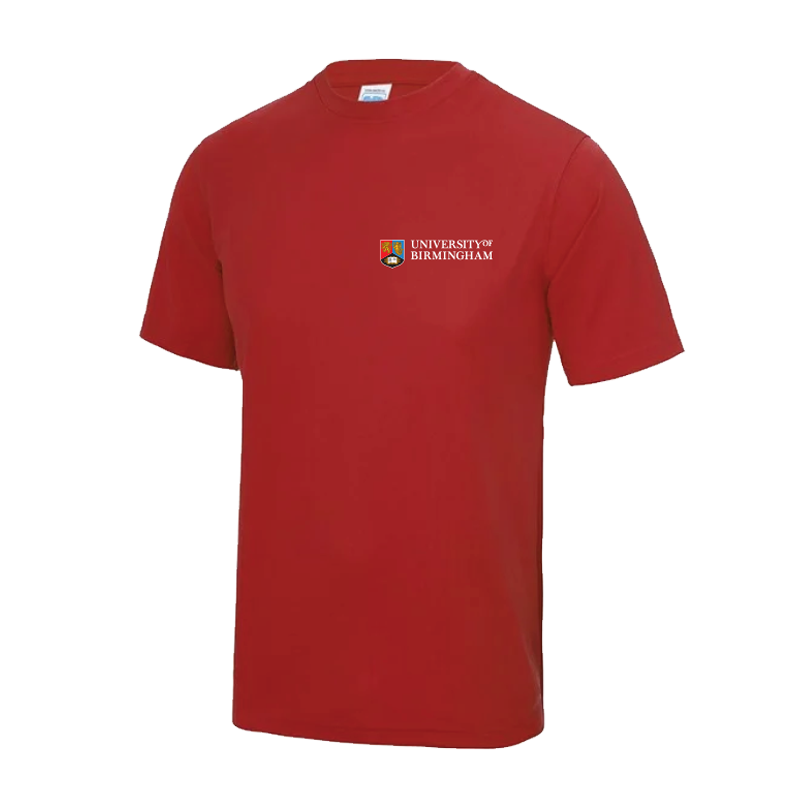 Red t-shirt with 'University of Birmingham' logo on a white background