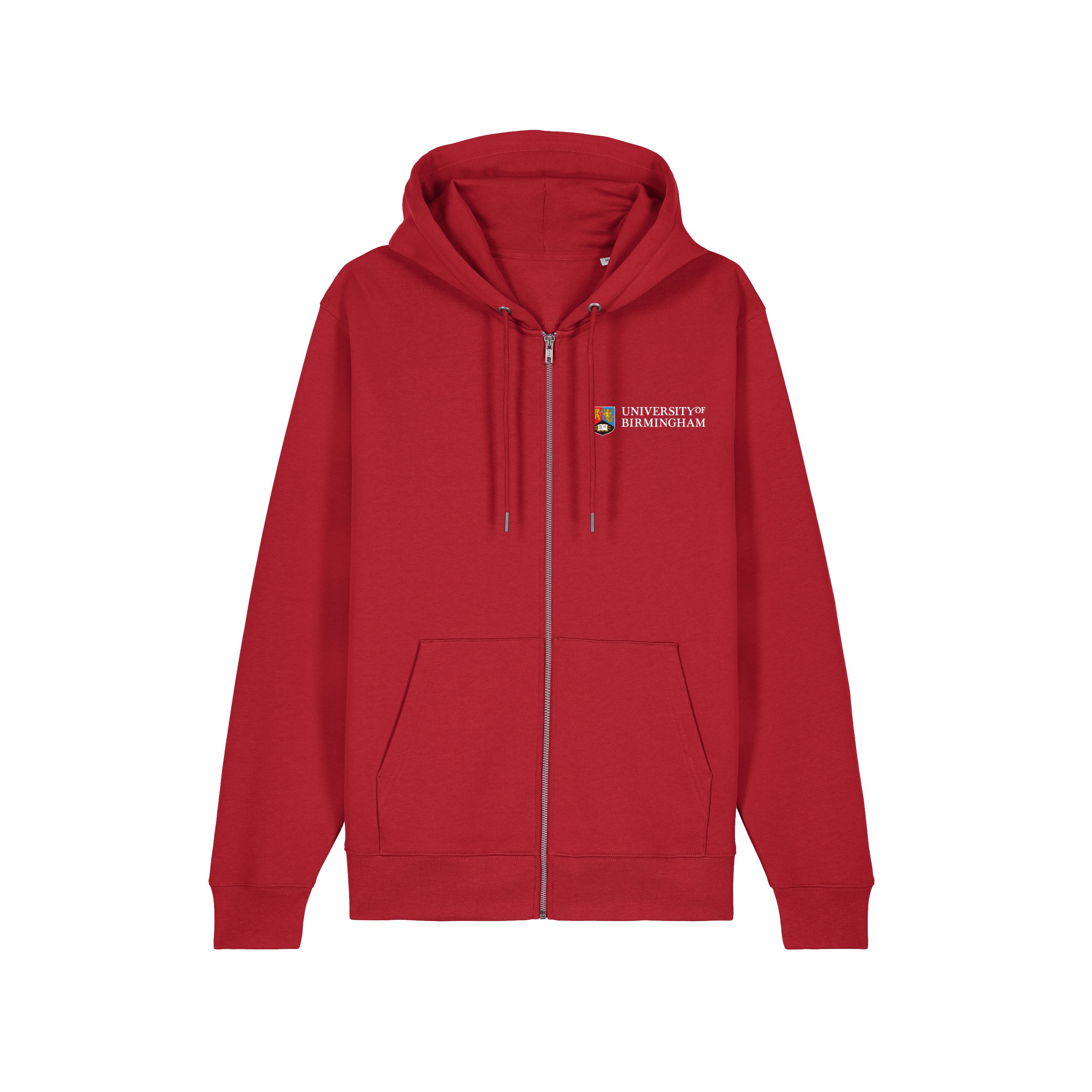 Red hoodie with University of Birmingham logo on the chest against a transparent background