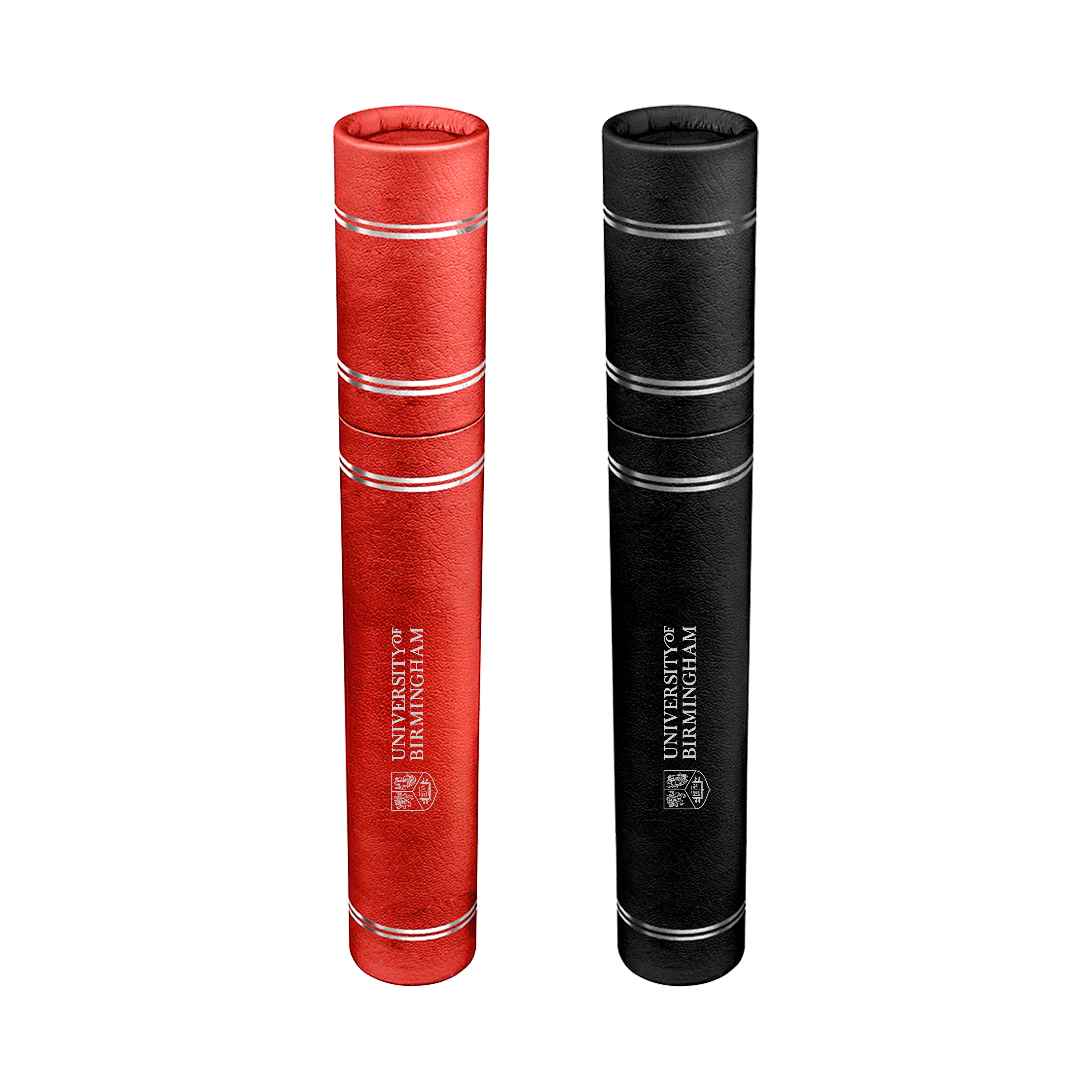 Red and black graduation scroll holders with University of Birmingham branding on a white background