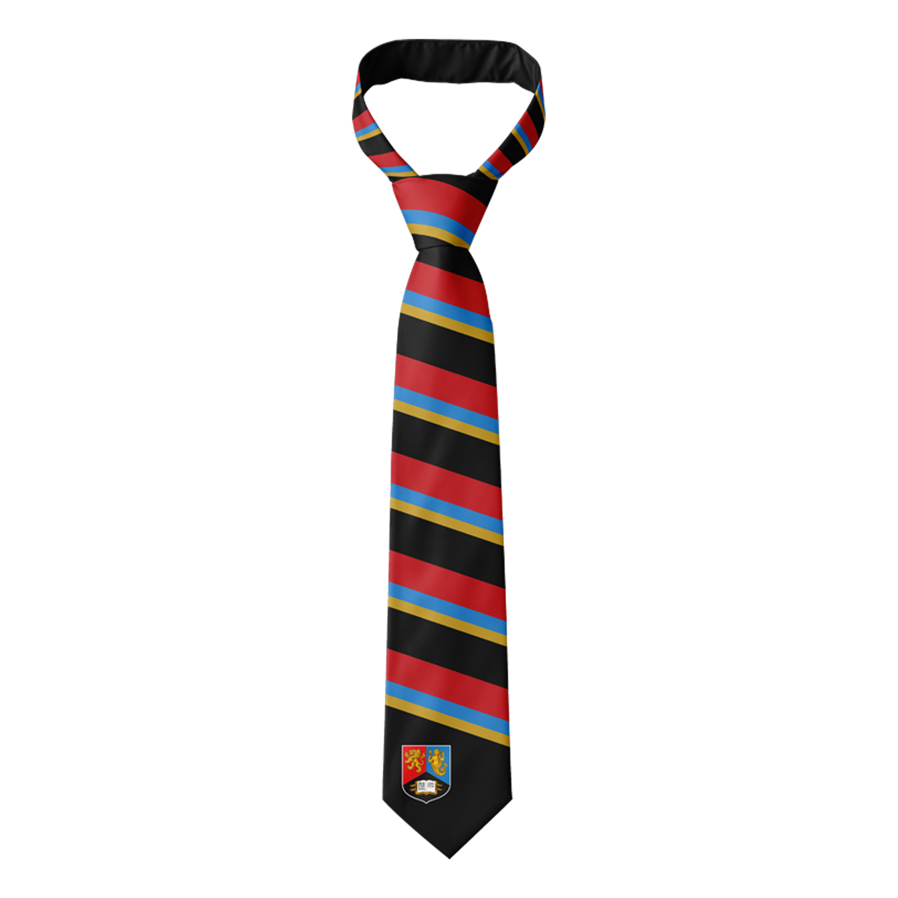 Striped University of Birmingham tie with red, blue, and yellow stripes on a black background