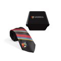 Black tie with colorful stripes and a logo, placed in front of a black box with 'University of Birmingham' branding.