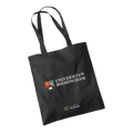 Black tote bag with University of Birmingham logo on a white background