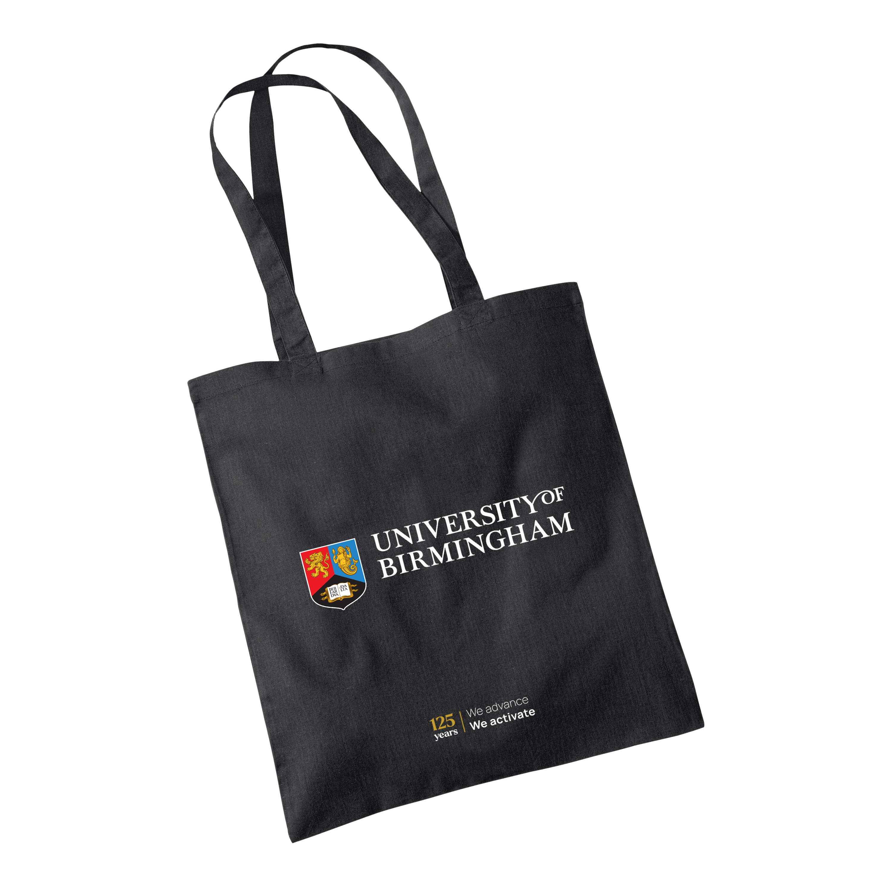 Black tote bag with University of Birmingham logo on a white background