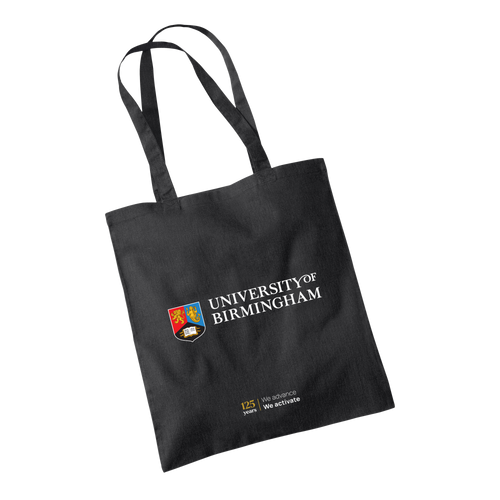 Black tote bag with University of Birmingham logo on a white background