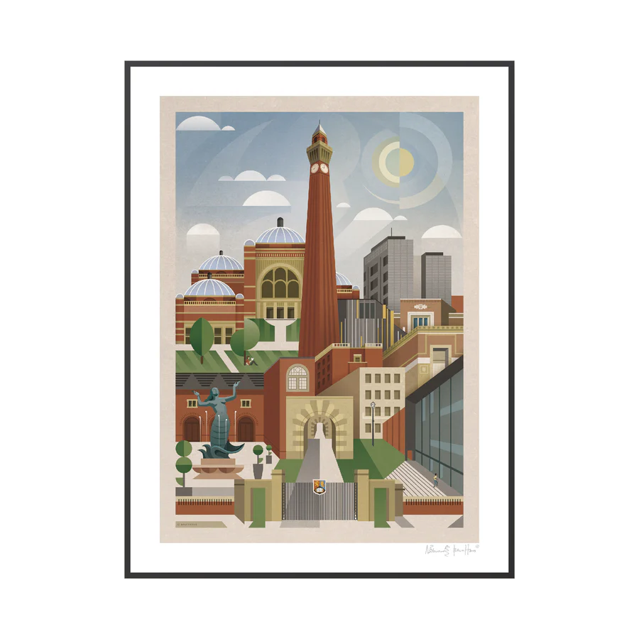 Artwork of the University of Birmingham campus including iconic Old Joe clock tower created by Alexander Edwards, also known as Brumhaus.
