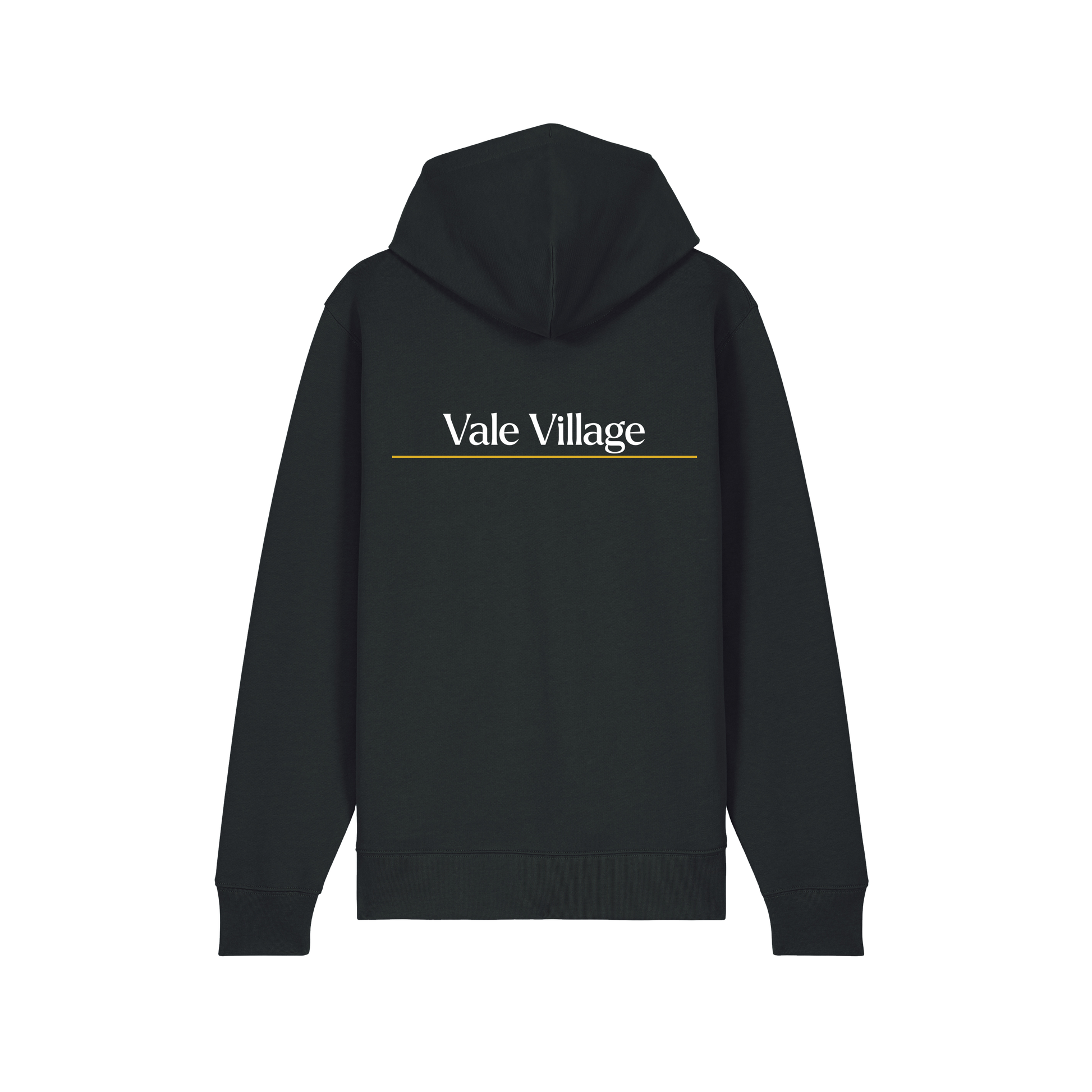 Black University of Birmimgham hoodie with 'Vale Village' text on the back against a white background