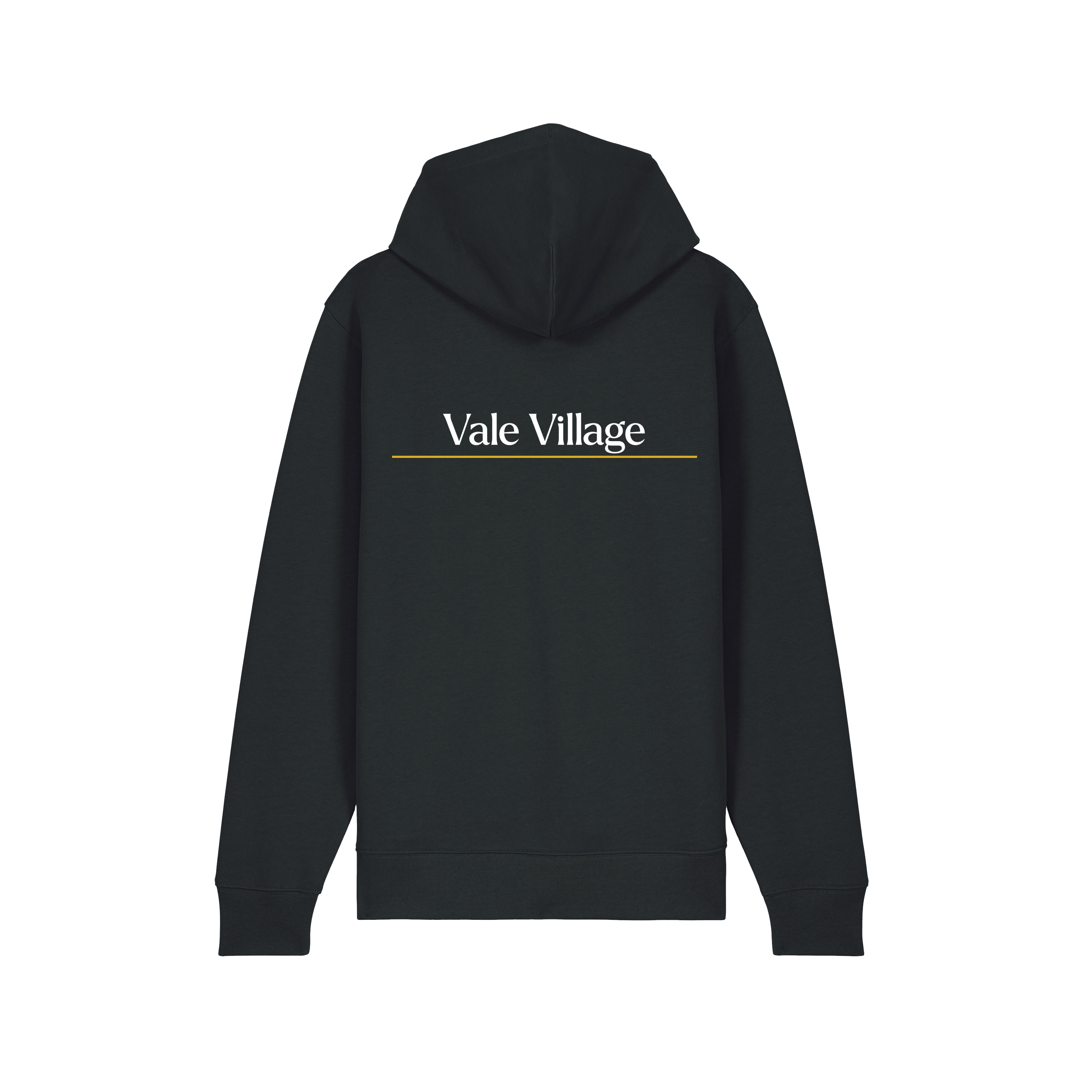 Black University of Birmimgham hoodie with 'Vale Village' text on the back against a white background