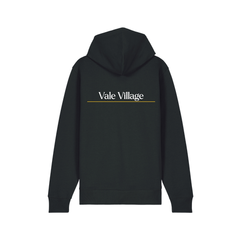 Black University of Birmimgham hoodie with 'Vale Village' text on the back against a white background