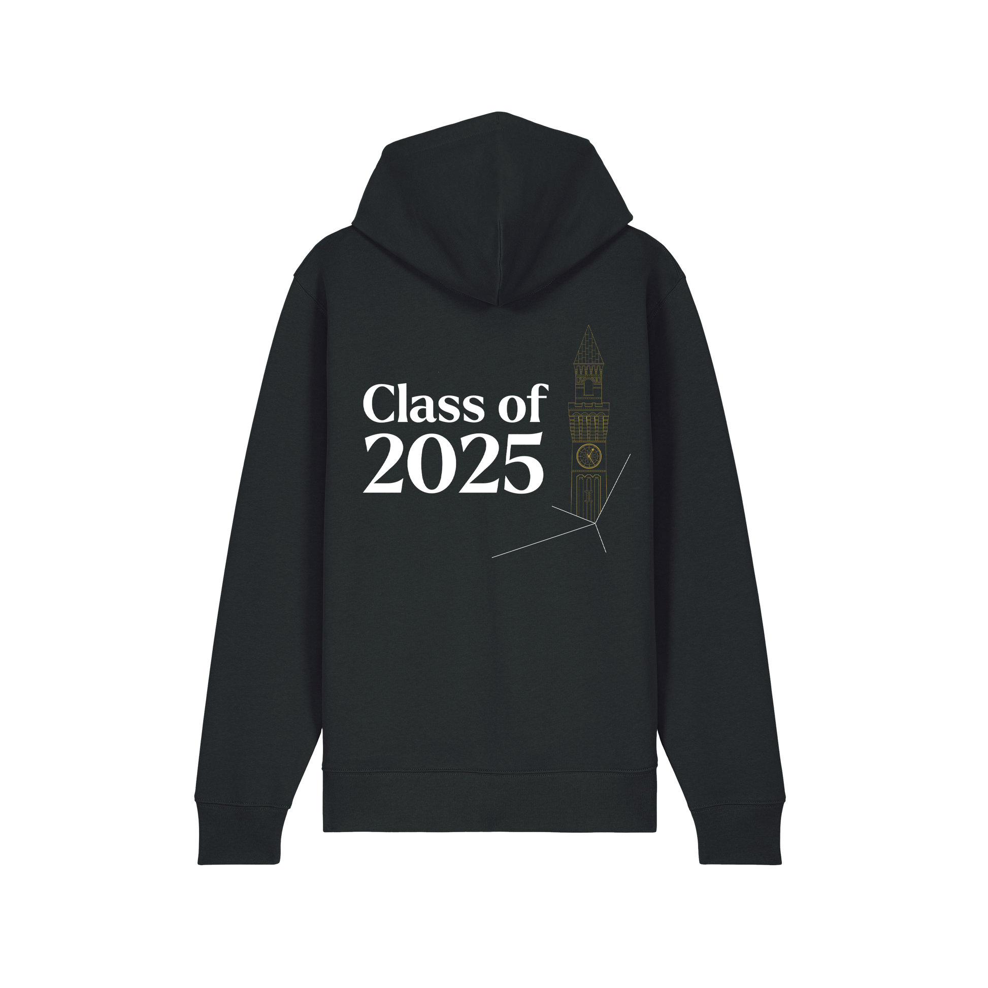 Black University of Birmingham hoodie with 'Class of 2025' text on the back against a white background