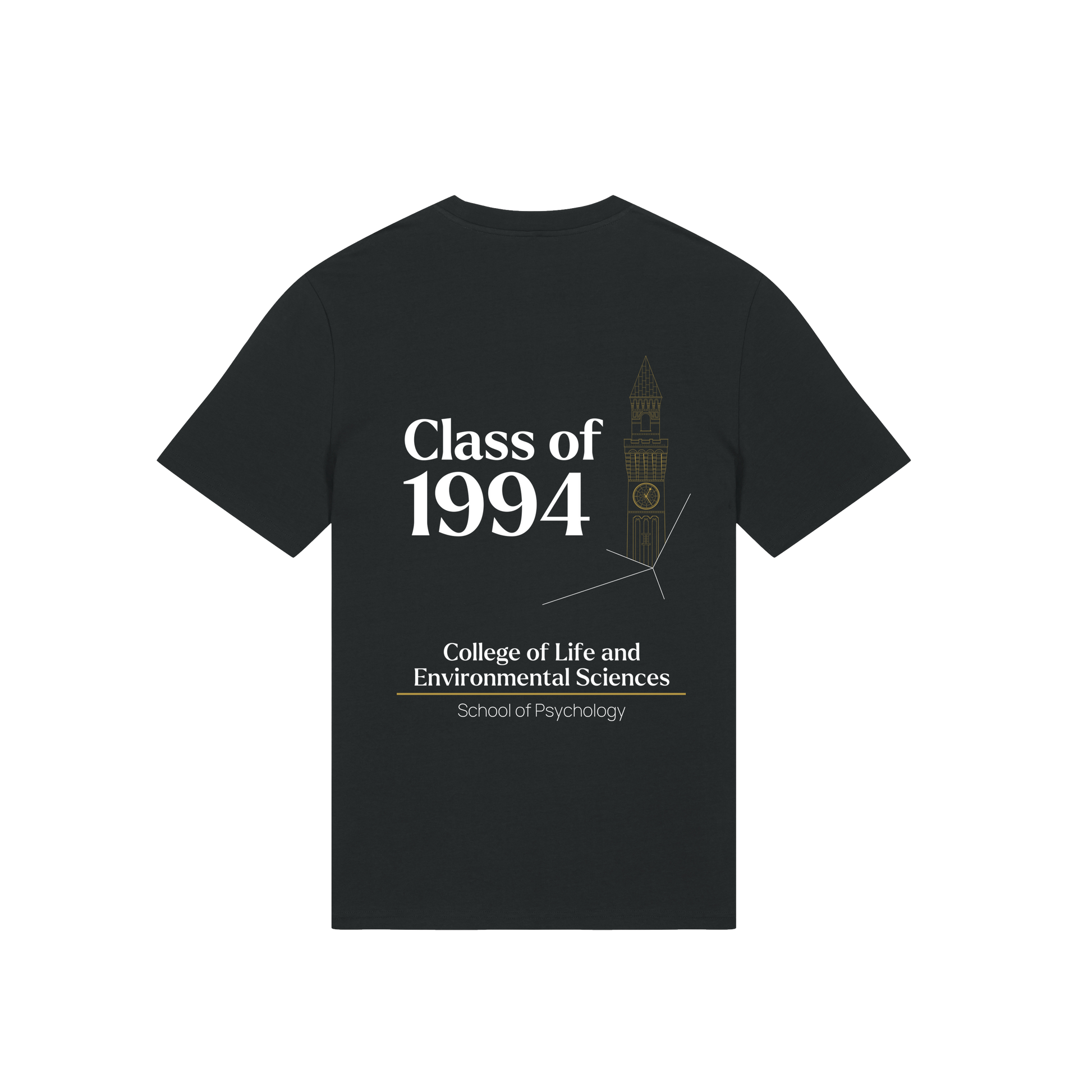 Black University of Birmingham t-shirt with 'Class of 1994' text and graphics on a white background