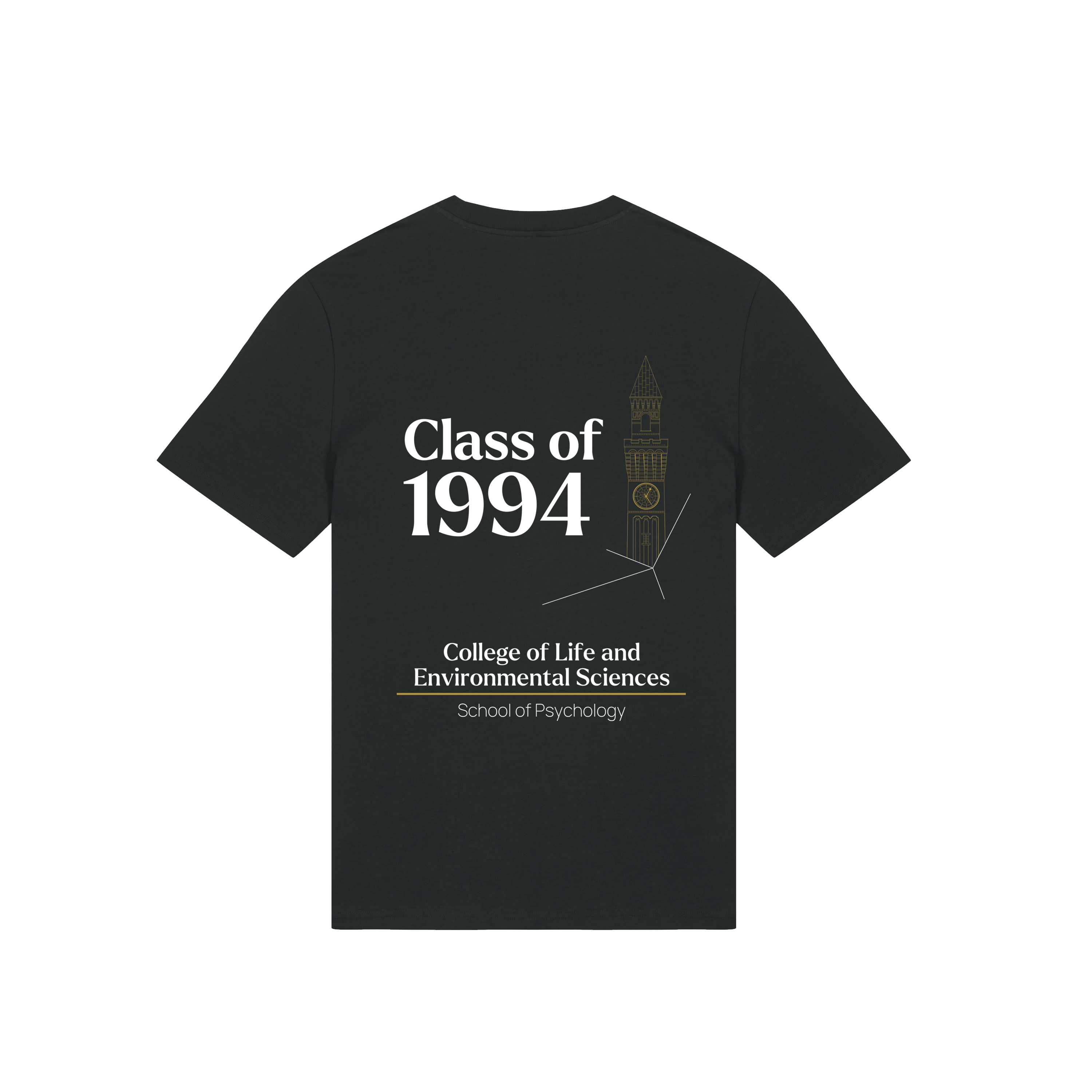 Black University of Birmingham t-shirt with 'Class of 1994' text and graphics on a white background