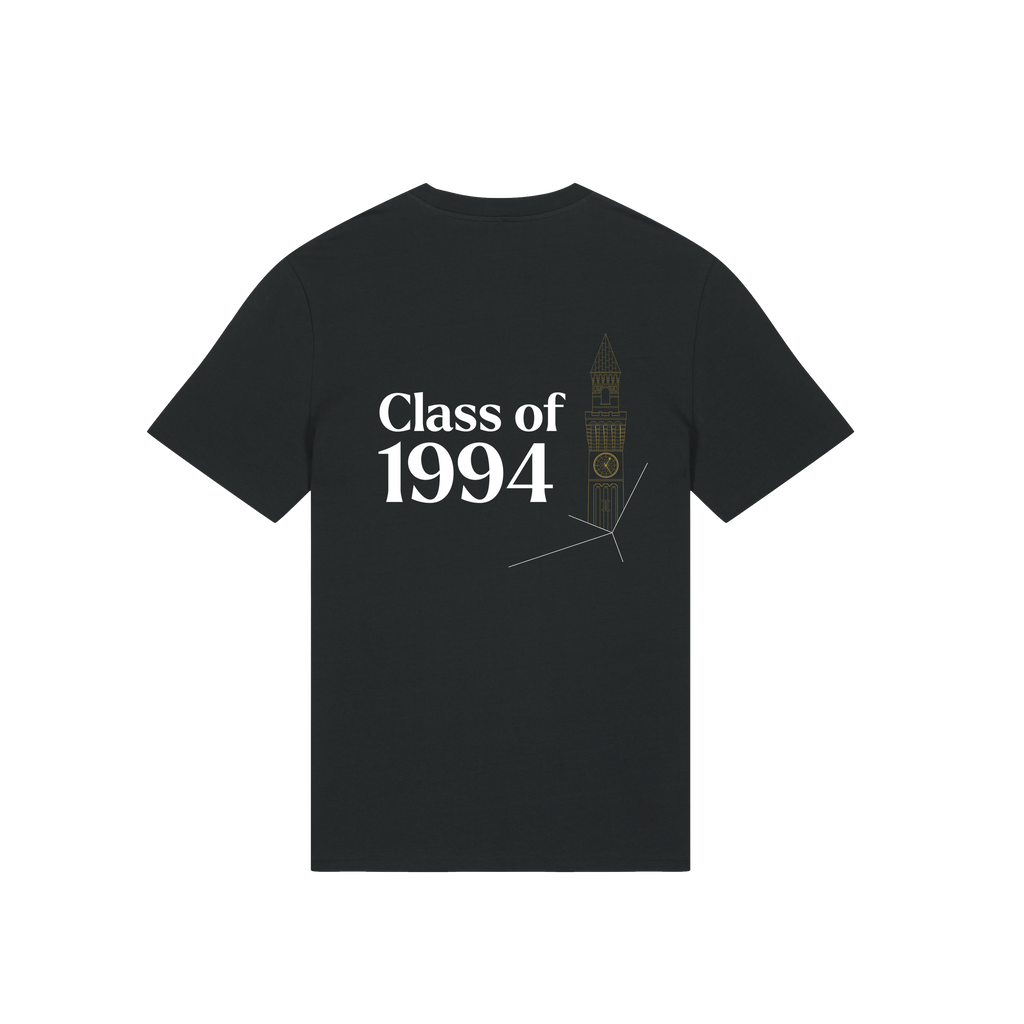Black University of Birmingham t-shirt with 'Class of 1994' text and clock design on a white background