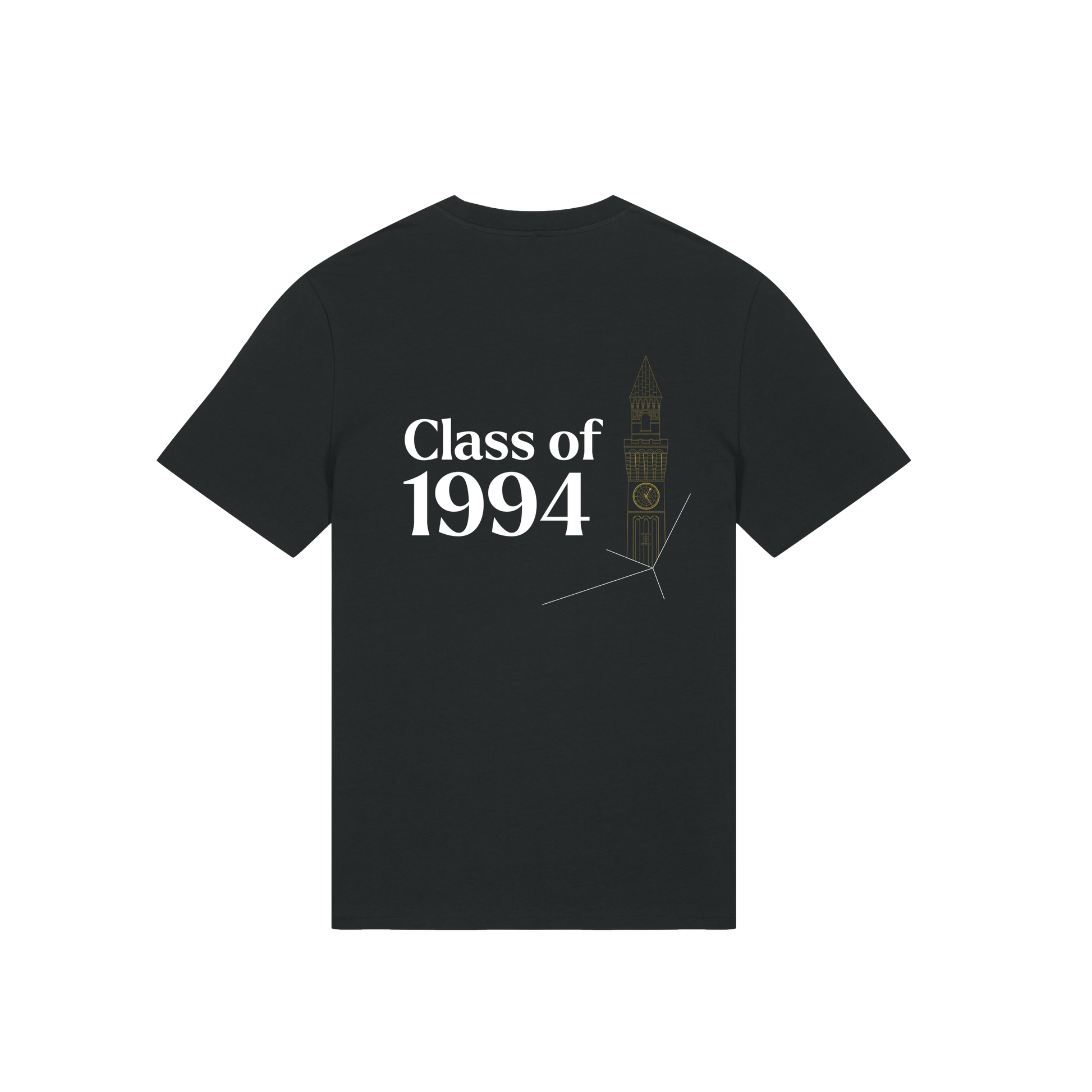 Black University of Birmingham t-shirt with 'Class of 1994' text and clock design on a white background