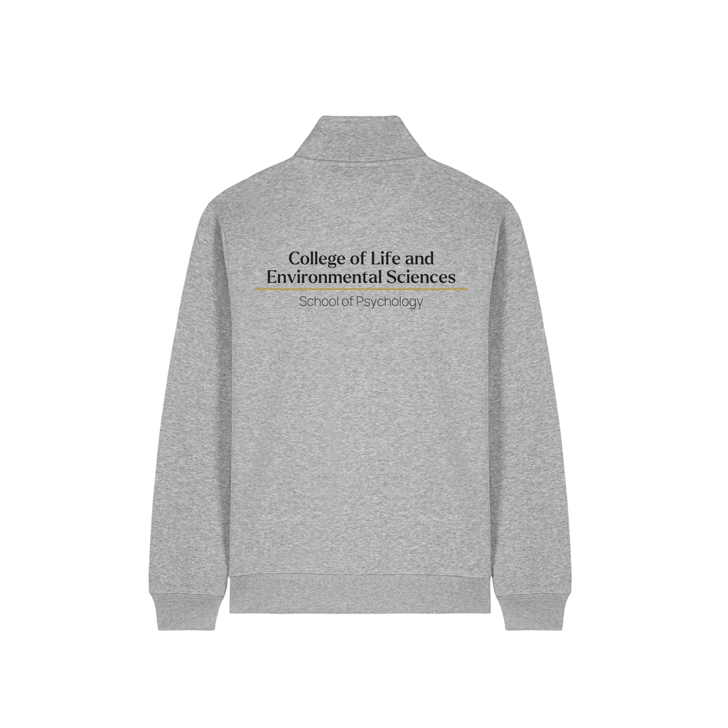Back of grey quarter zip sweatshirt with example of the College & School print in black text