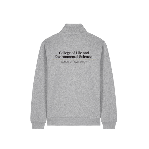 Back of grey quarter zip sweatshirt with example of the College & School print in black text