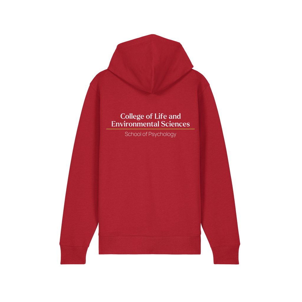 Back of red hoodie with example of the College & School print in white text
