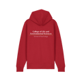 Back of red hoodie with example of the College & School print in white text