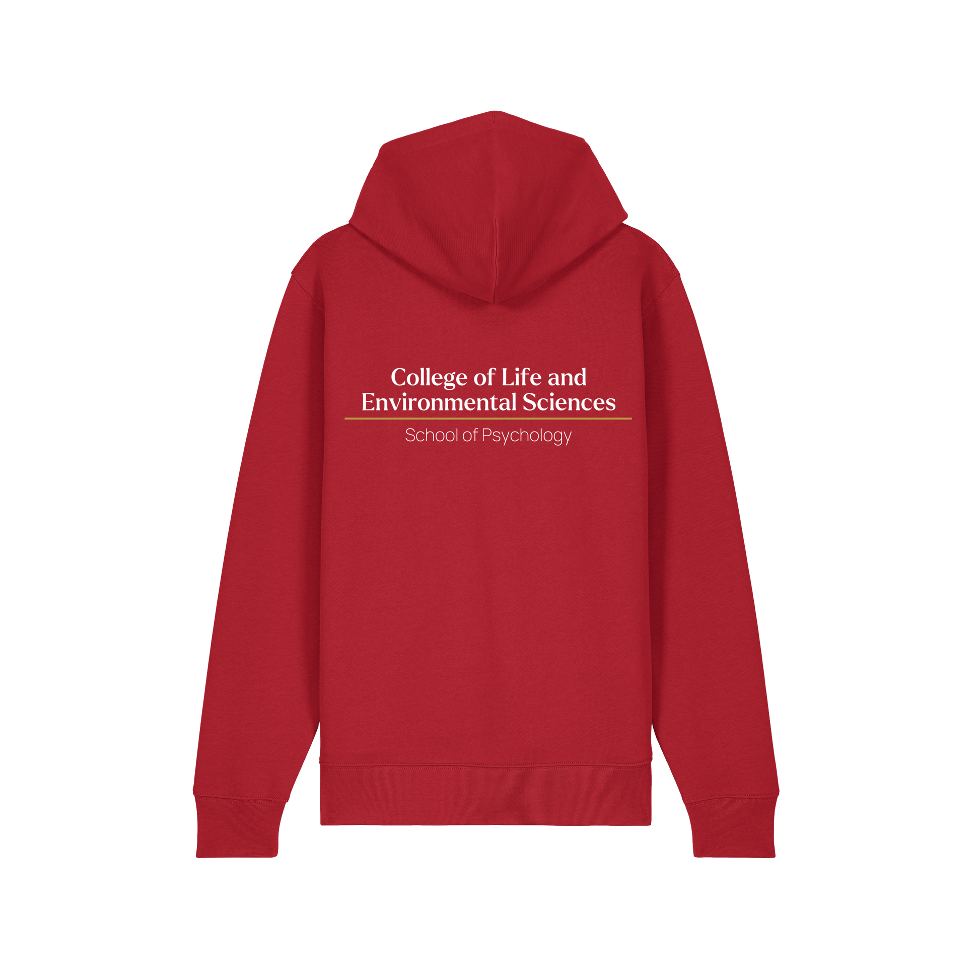 Back of red hoodie with example of the College & School print in white text