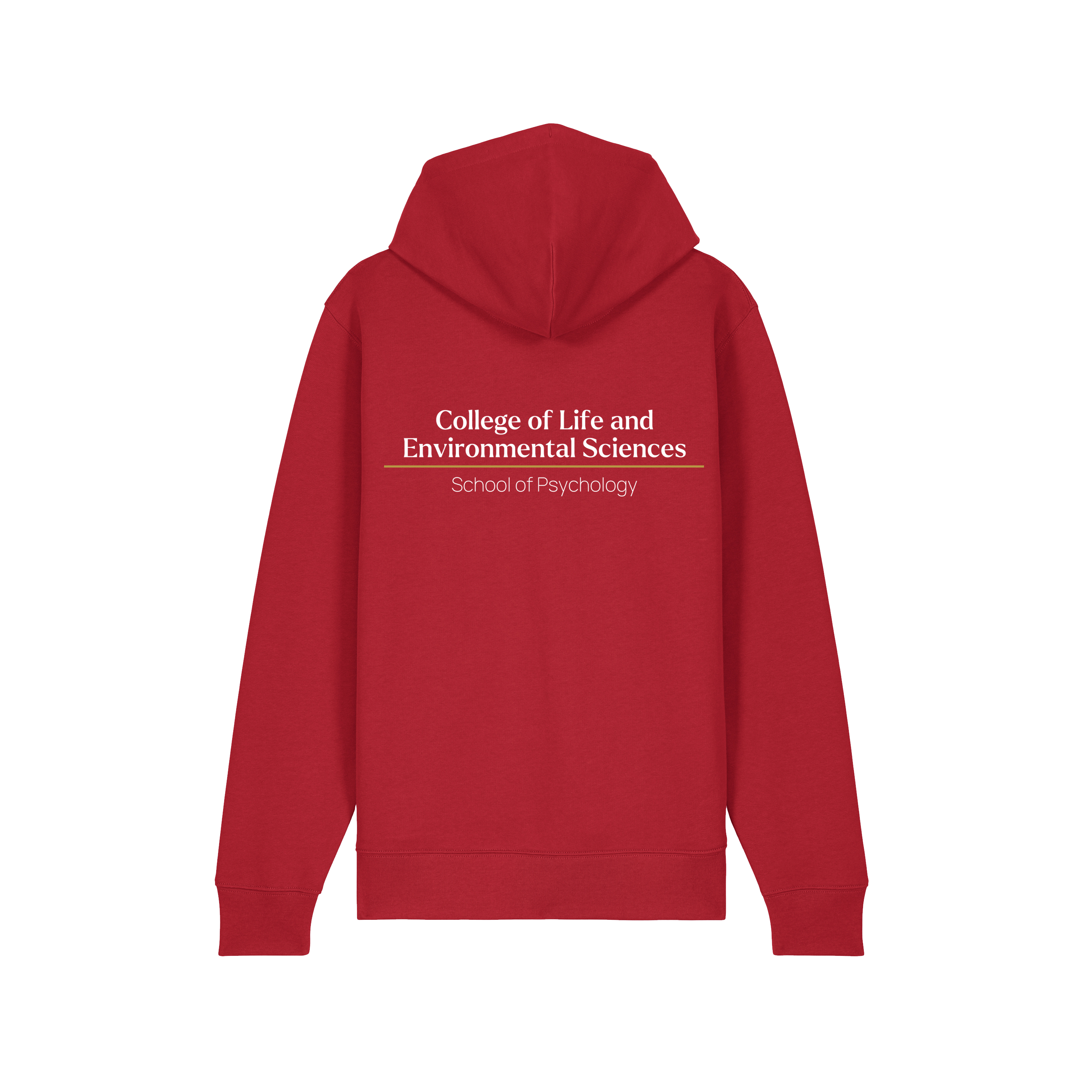 Back of red hoodie with example of the College & School print in white text