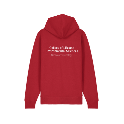 Back of red hoodie with example of the College & School print in white text