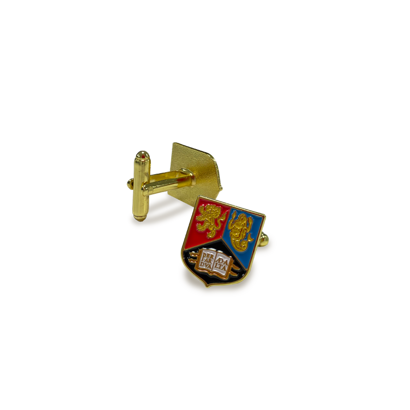 Gold cufflinks with University of Birmingham crest on a white background