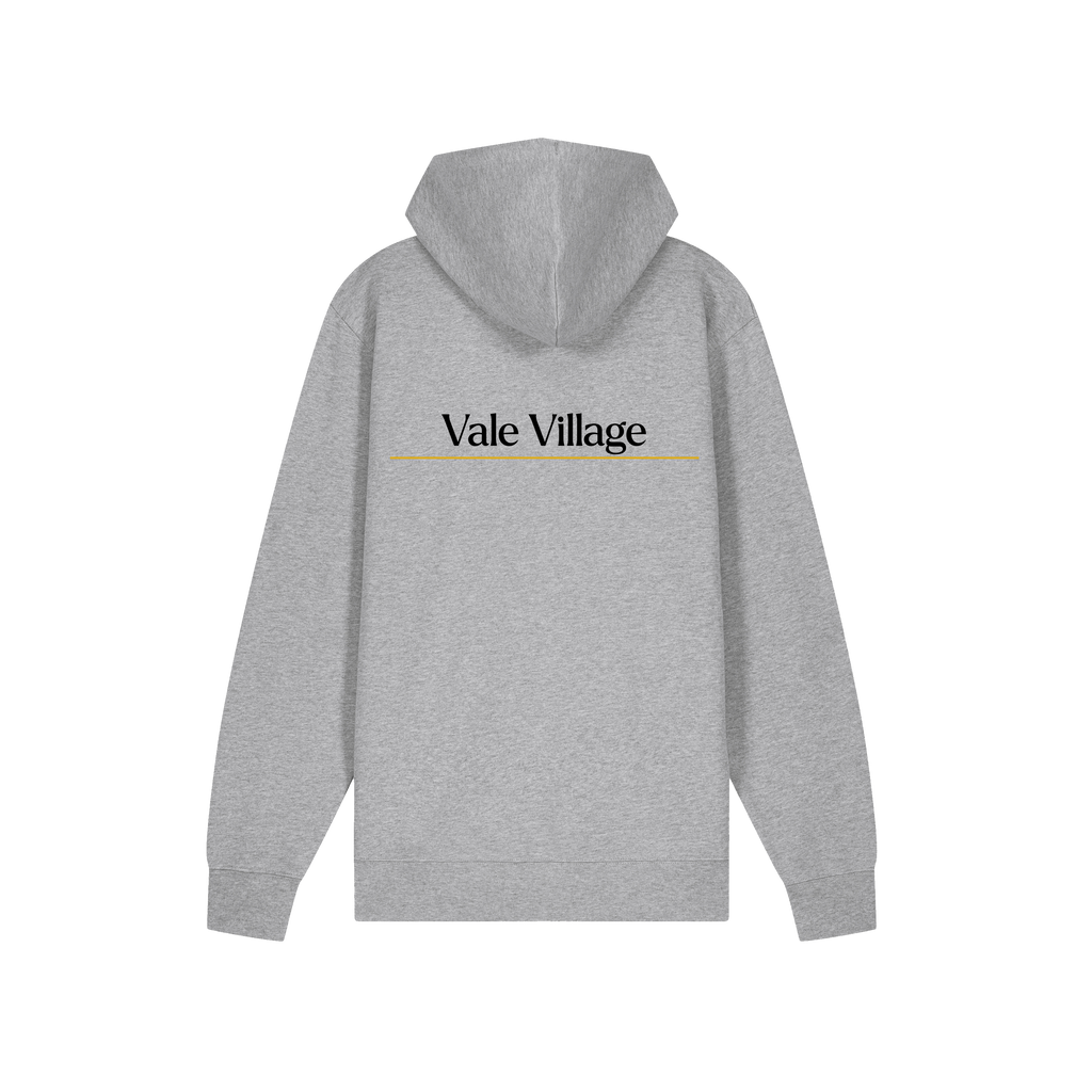 Gray University of Birmingham hoodie with 'Vale Village' text on the back against a white background