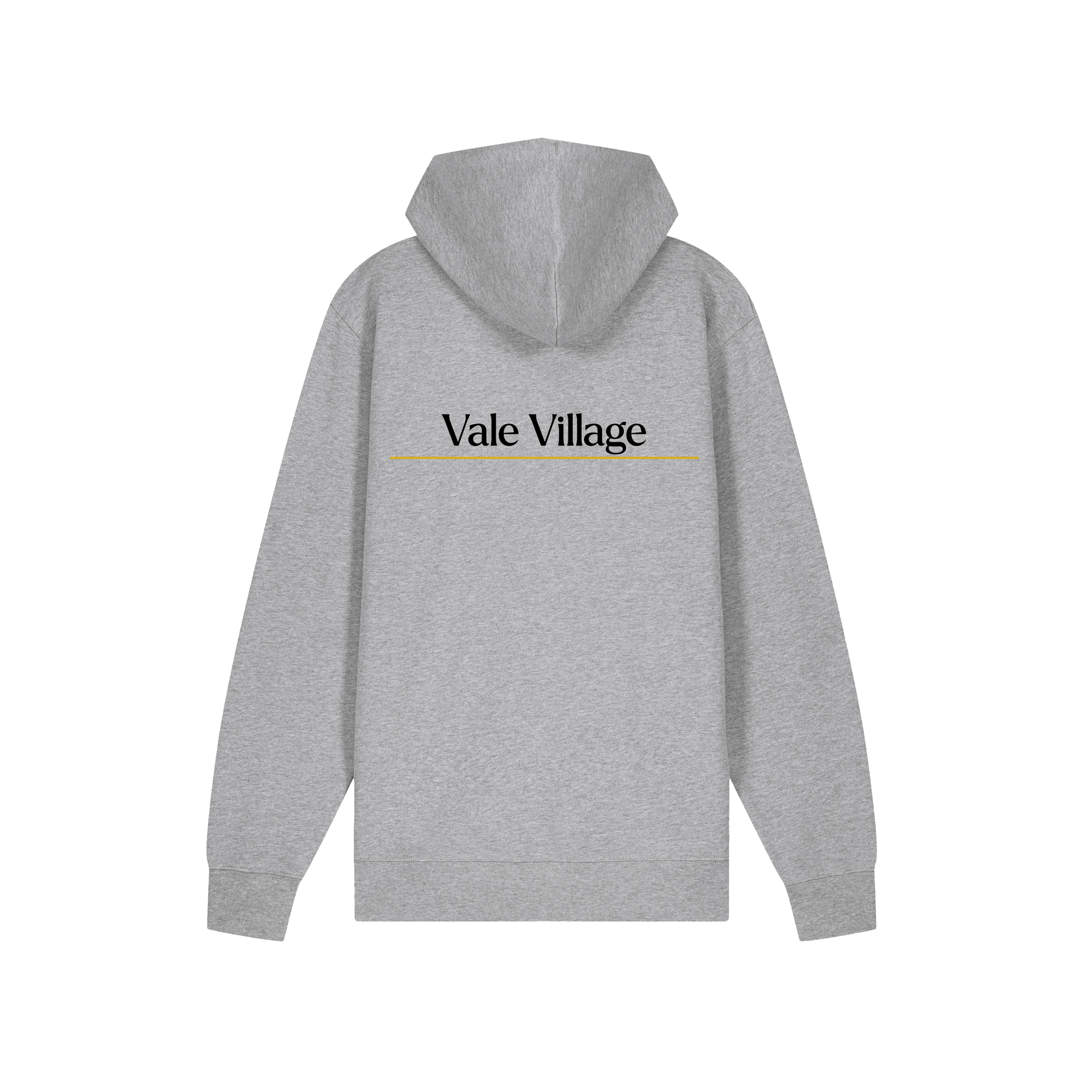 Gray University of Birmingham hoodie with 'Vale Village' text on the back against a white background