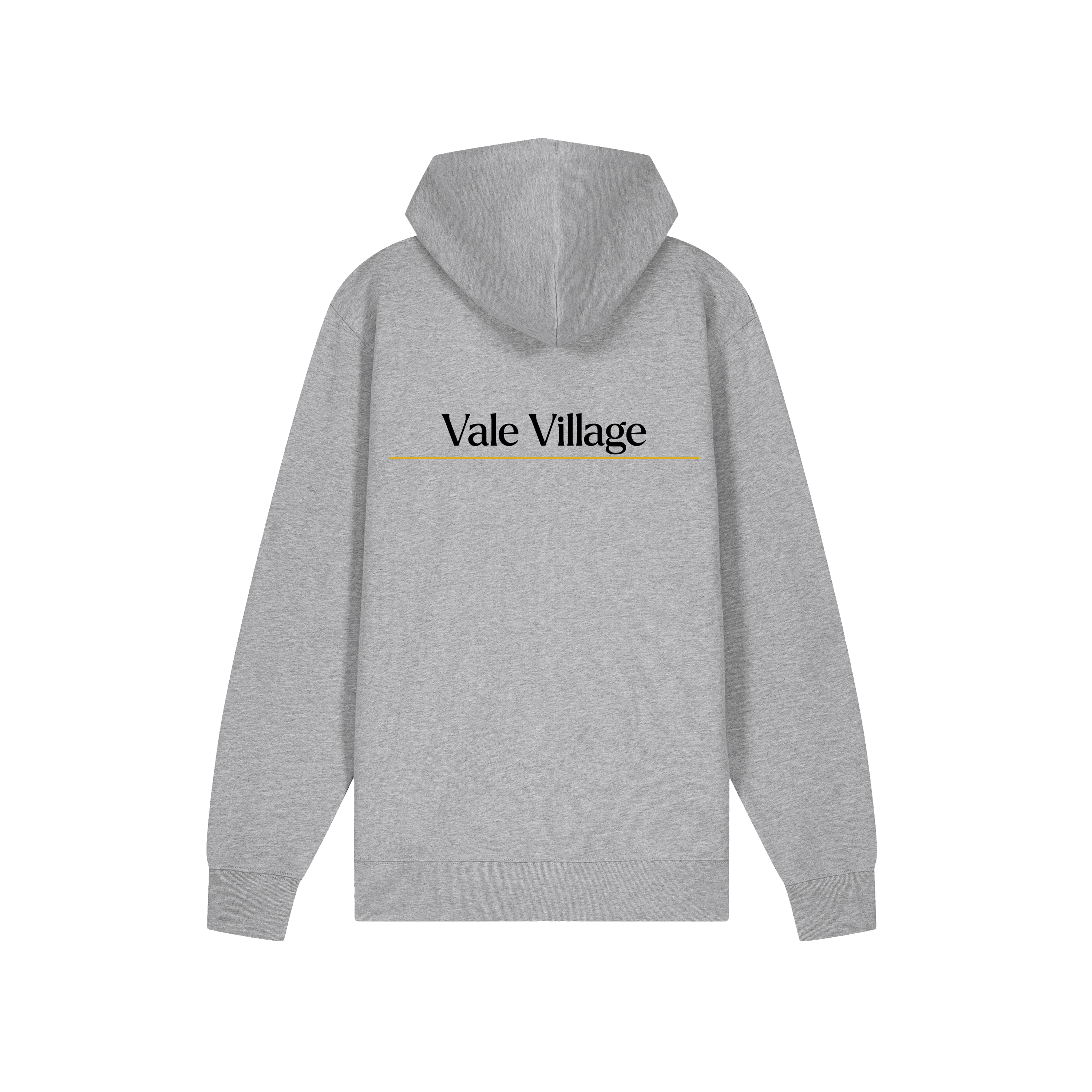 Gray University of Birmingham hoodie with 'Vale Village' text on the back against a white background