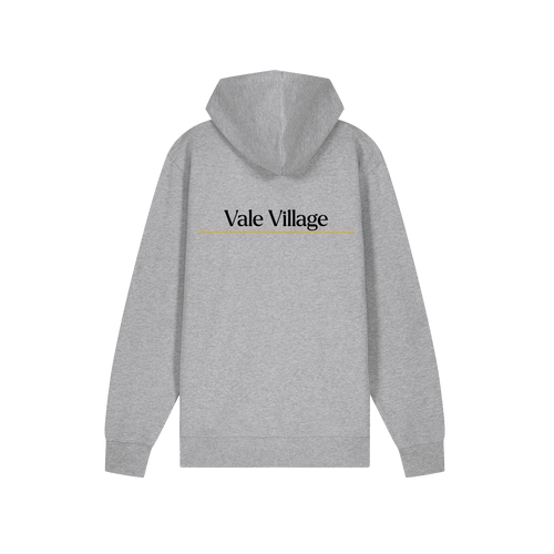 Gray University of Birmingham hoodie with 'Vale Village' text on the back against a white background