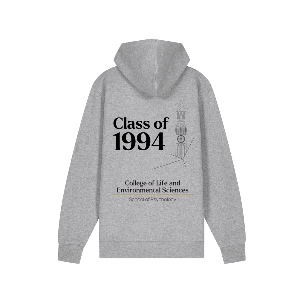 Gray University of Birmingham hoodie with text and graphics on the back on a white background