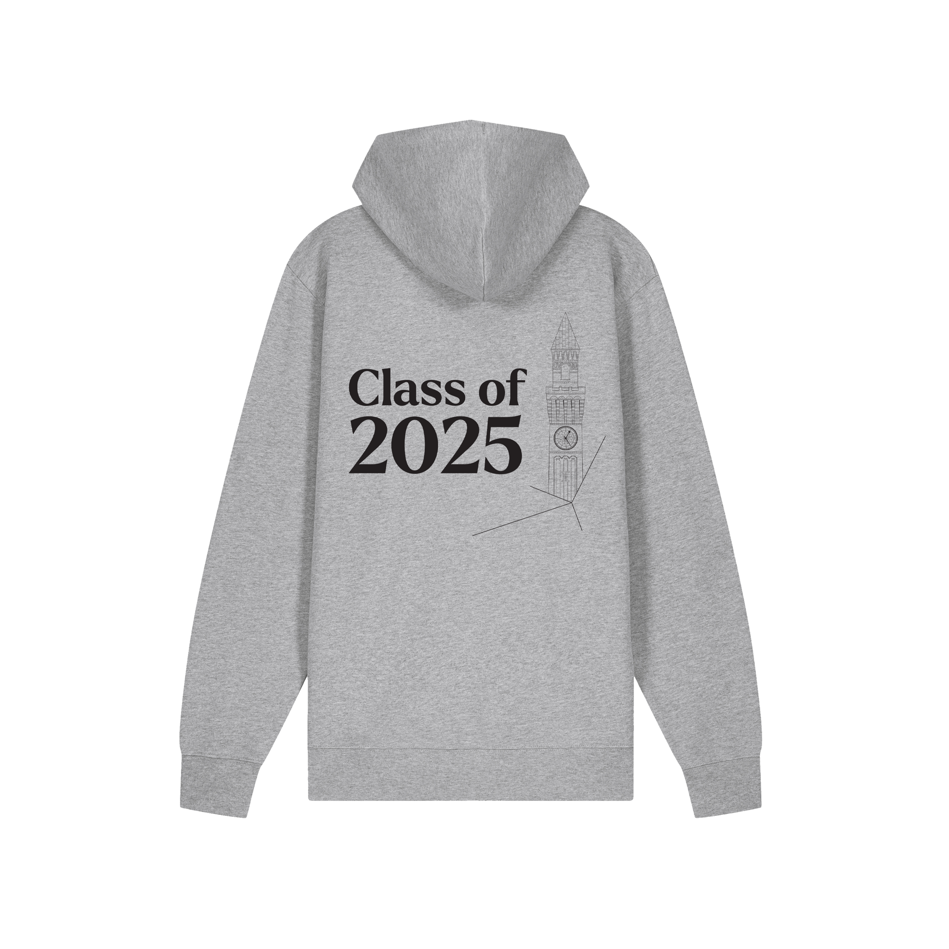 Gray University of Birmingham hoodie with 'Class of 2025' text on the back against a white background