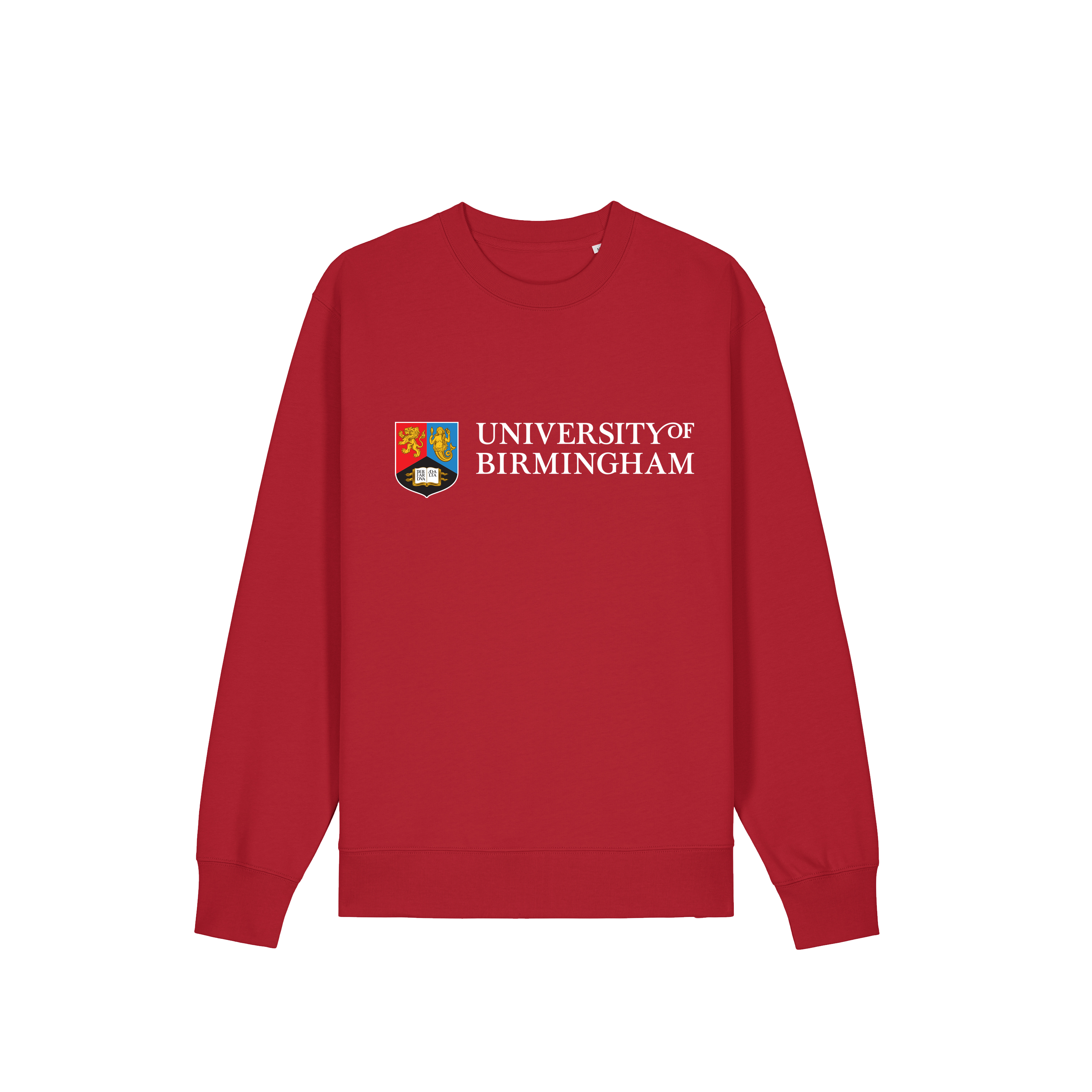 Red sweatshirt with 'University of Birmingham' logo on a white background
