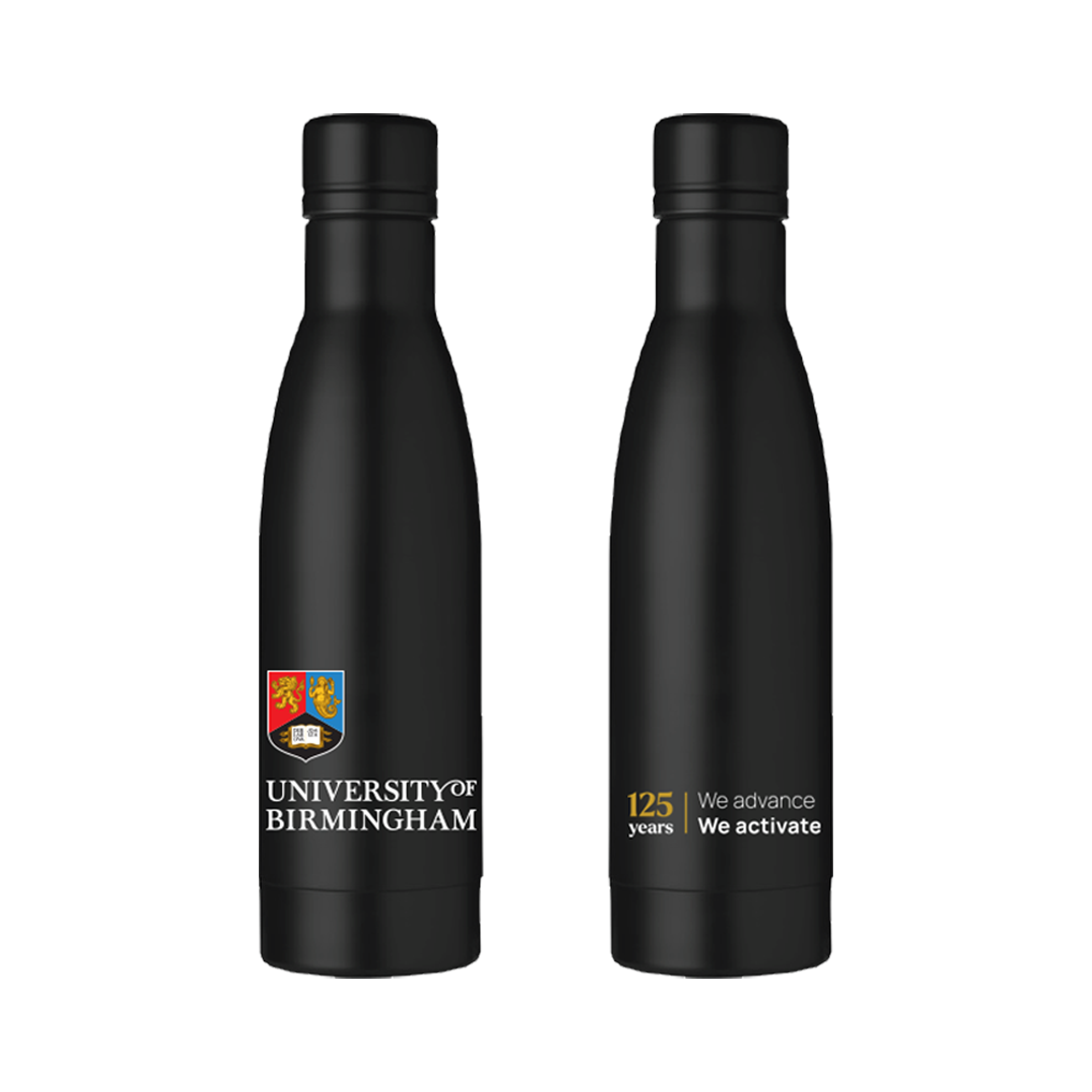 Two black water bottles with University of Birmingham branding on a white background