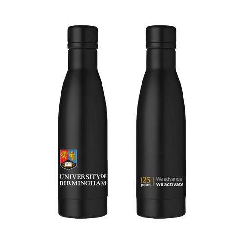 Two black water bottles with University of Birmingham branding on a white background