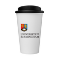White reusable travel mug with black lid featuring the University of Birmingham.