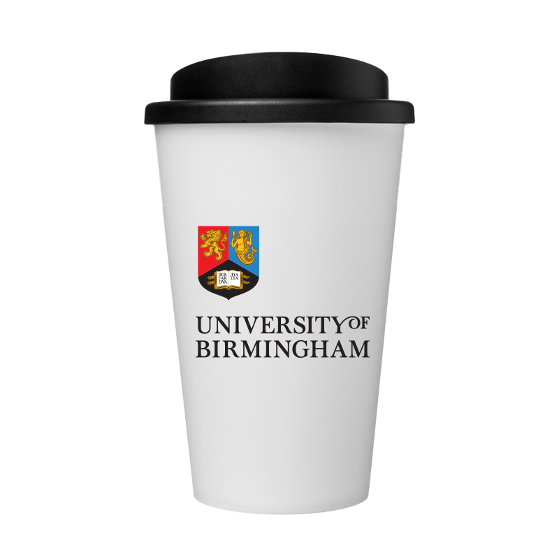 White reusable travel mug with black lid featuring the University of Birmingham.