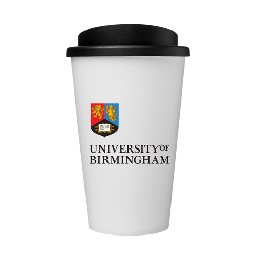 White reusable travel mug with black lid featuring the University of Birmingham.