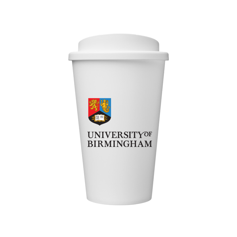 Black travel mug with University of Birmingham logo in white text with colour university crest.