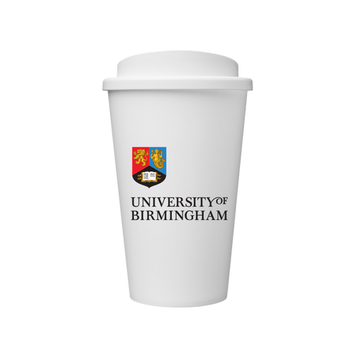 Black travel mug with University of Birmingham logo in white text with colour university crest.