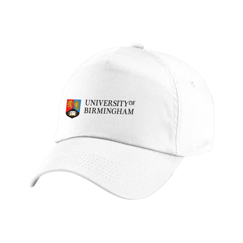 White cap with 'University of Birmingham' logo on a transparent background