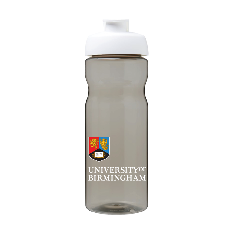 Clear water bottle with white lid featuring the University of Birmingham logo on a white background