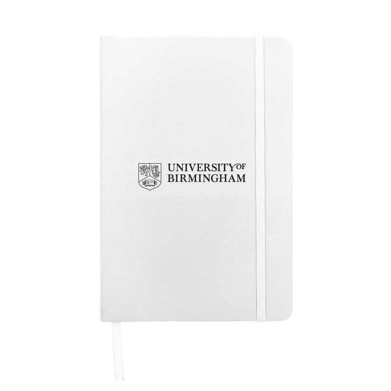 White notebook with 'University of Birmingham' logo on a white background