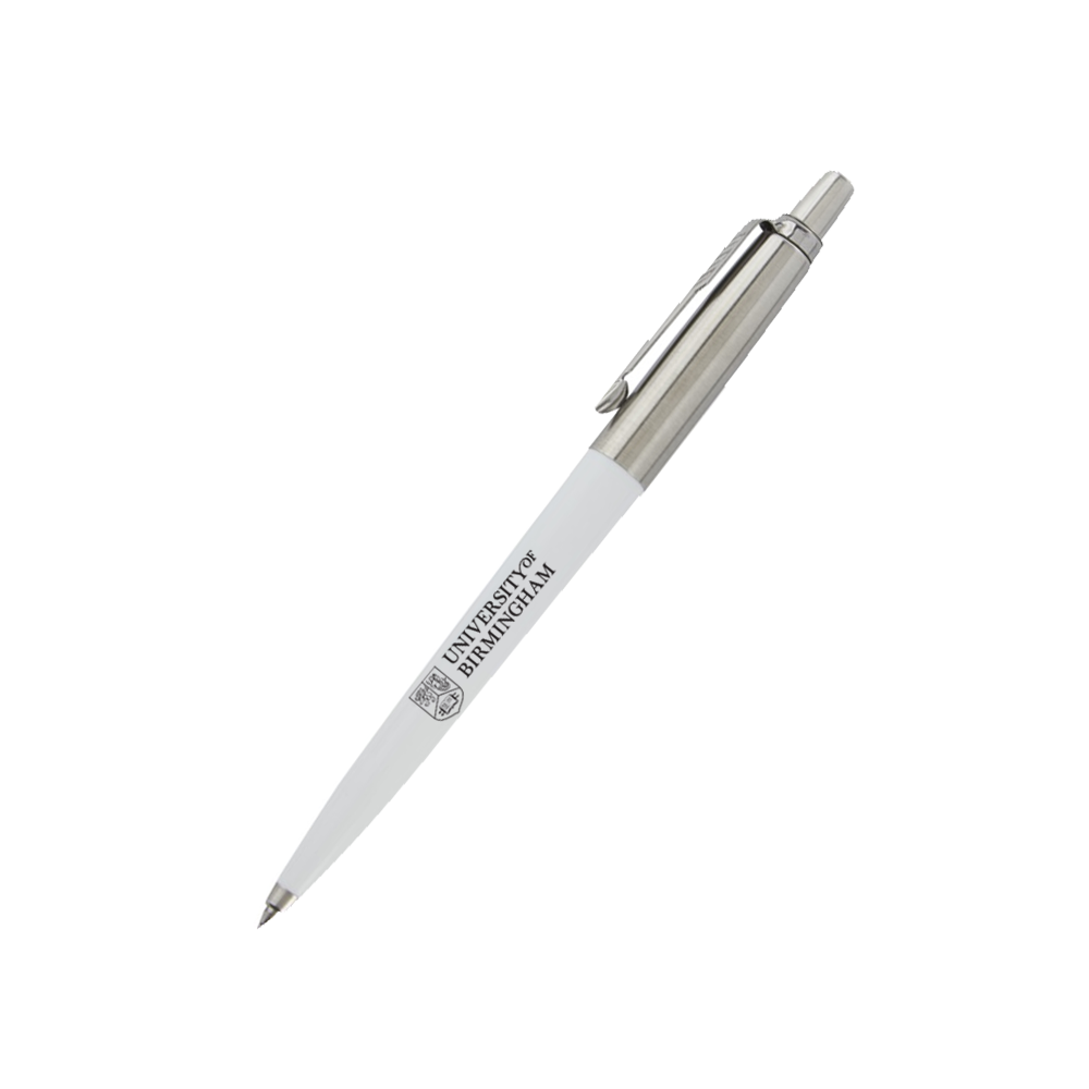 White pen with University of Birmingham logo on a white background
