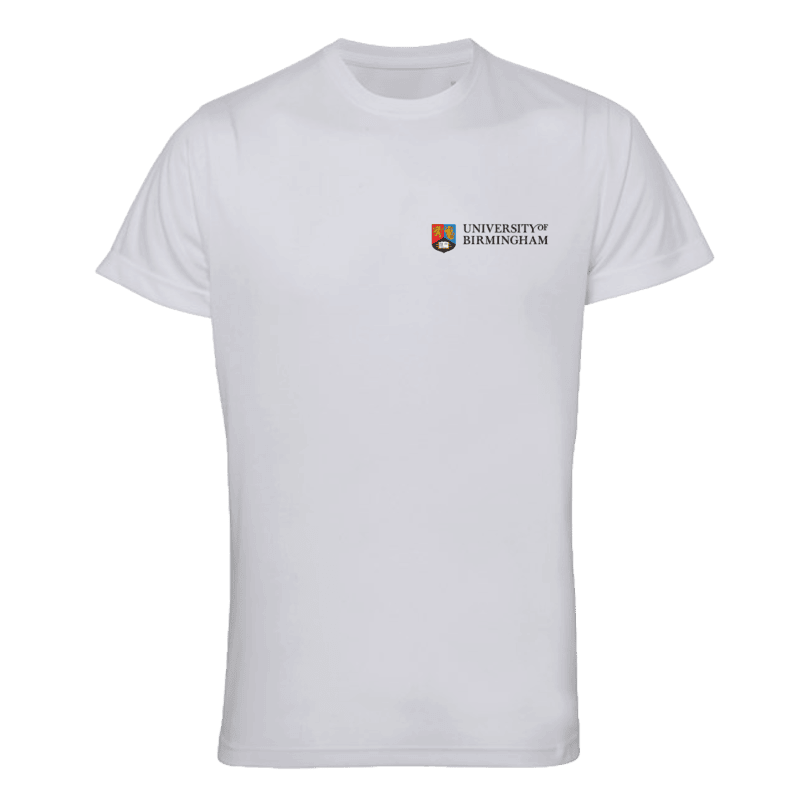 White t-shirt with University of Birmingham logo on a transparent background