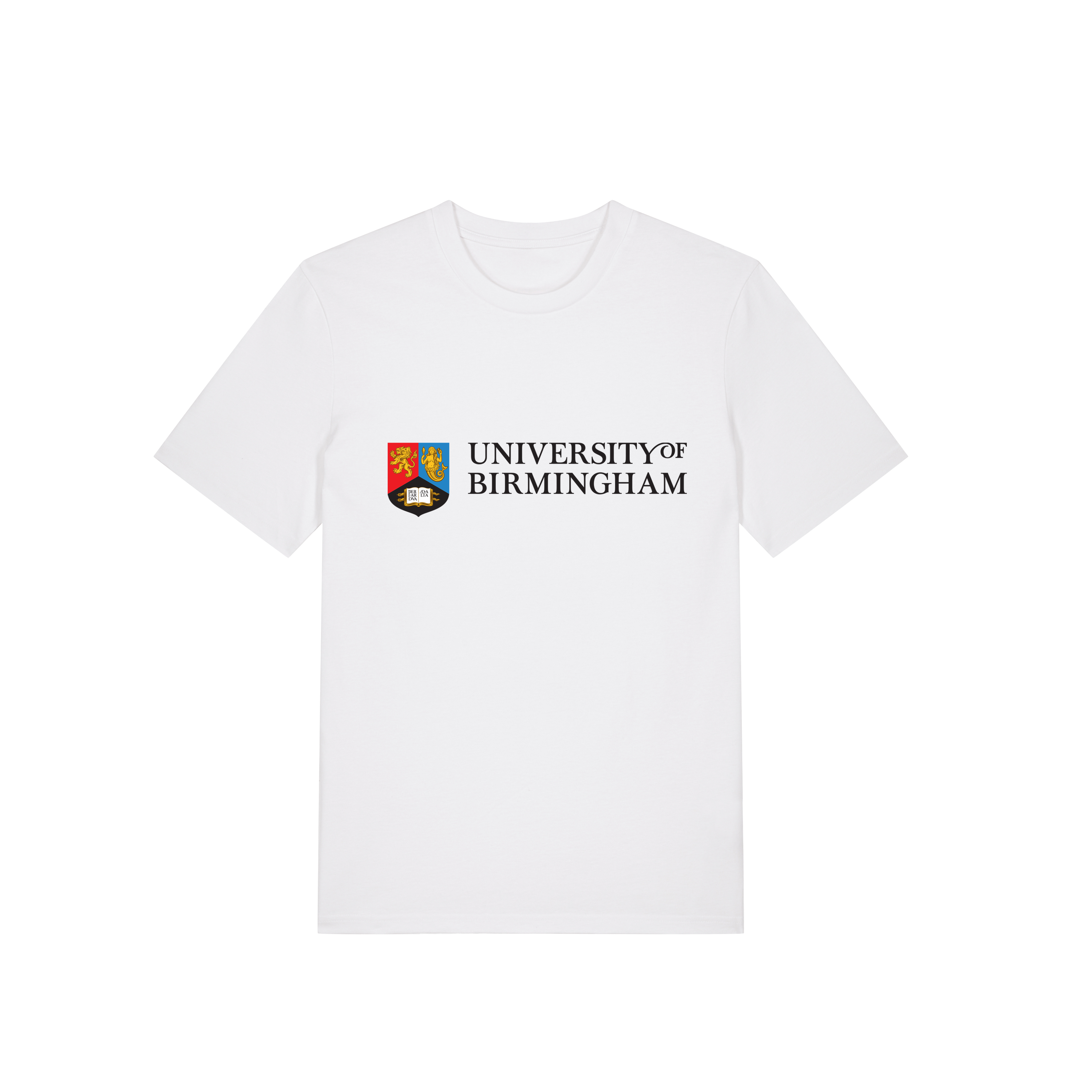 White t-shirt with University of Birmingham logo on a transparent background